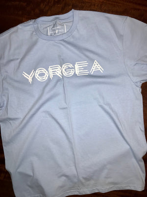 Light Blue middle weight tee with white screen printed classic logo and label