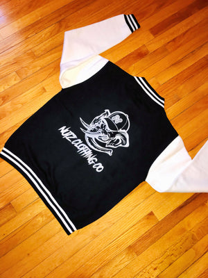 BLACK & OFF-WHITE "NUTZ CLOTHING CO" VARSITY JACKET